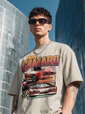 Chemistry Beige Graphic Camaro Tee with Red & Yellow Print